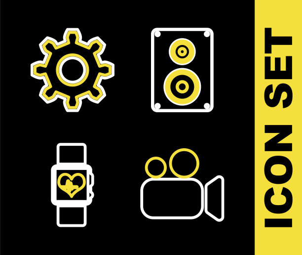 设置线立体声扬声器，电影或摄像机，智能手表心率和齿轮齿轮设置图标。向量图片下载