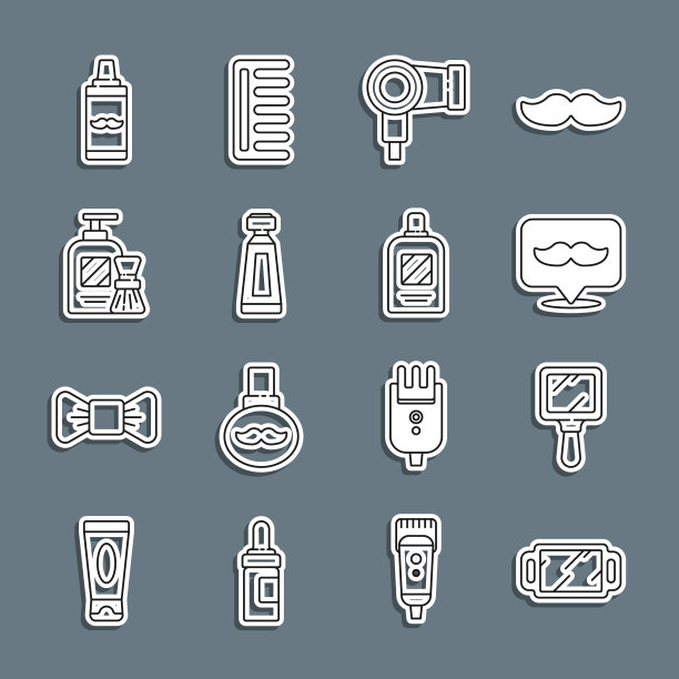 设置线手镜，理发店，吹风机，乳霜乳液化妆品管，剃须啫喱泡沫刷，和一瓶洗发水图标。向量图片下载