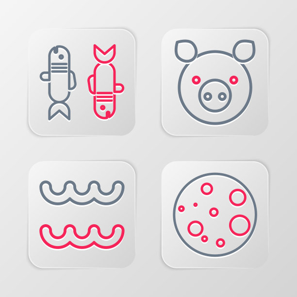 设置线月亮，水瓶座十二生肖，猪和双鱼座图标。向量图片下载