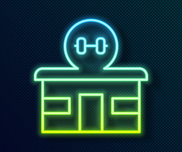 发光的霓虹灯线健身房建筑图标孤立的黑色背景。体育俱乐部。向量图片下载