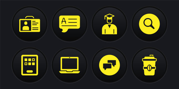 集平板电脑，放大镜，笔记本电脑，语音气泡聊天，毕业和毕业帽，气泡与答案，咖啡杯去和识别徽章图标。向量图片下载