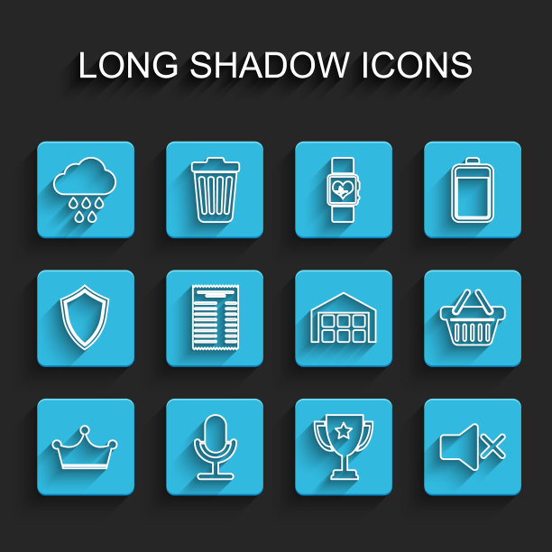 设置线皇冠，麦克风，云与雨，奖杯杯，扬声器静音，纸或财务检查，购物篮和仓库图标。向量图片下载