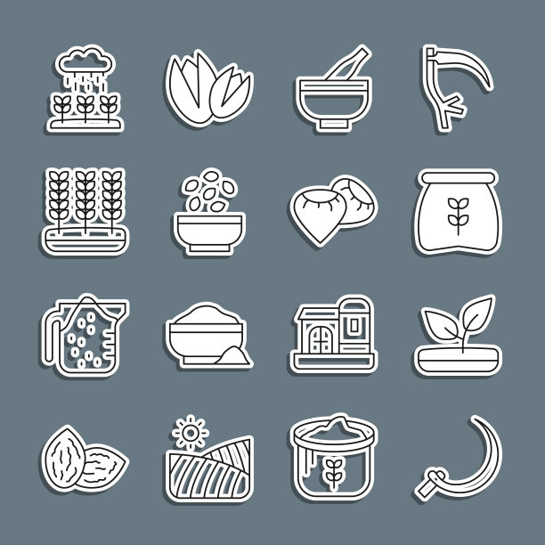 设置线镰刀，芽，面粉袋，臼和杵，种子在碗里，小麦，植物发芽生长的雨水和图标。向量图片下载