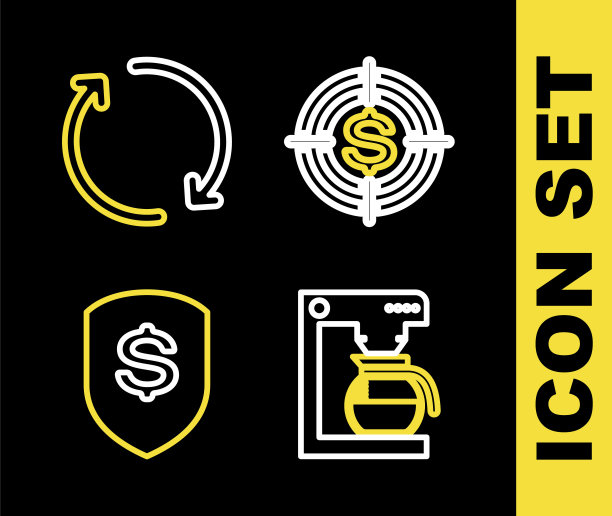 设置线目标与美元，咖啡机壶，盾牌和刷新图标。向量图片下载