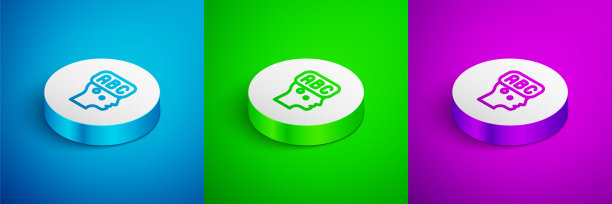 等距线学习外语图标隔离在蓝色，绿色和紫色的背景。白色圆圈按钮。向量图片下载