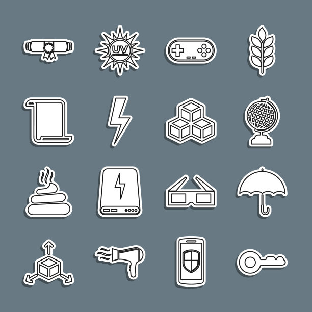 设置线键，伞，地球，手柄，闪电，纸卷，文凭卷和等距立方体图标。向量图片下载