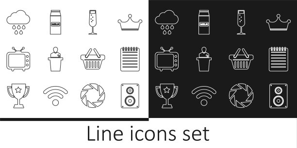 设置线立体声扬声器，笔记本，香槟杯，扬声器，电视电视，云与雨，购物篮和纸包装牛奶图标。向量图片下载
