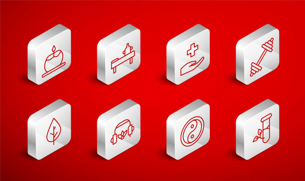 设有实验室玻璃和叶子，油按摩桌，交叉医院医疗，哑铃，阴阳，芳香蜡烛，冥想耳机和叶子图标。向量图片下载