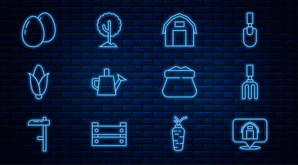 设置线位置农舍，花园耙，农场，喷壶，玉米，鸡蛋，满袋和树的图标。向量图片下载