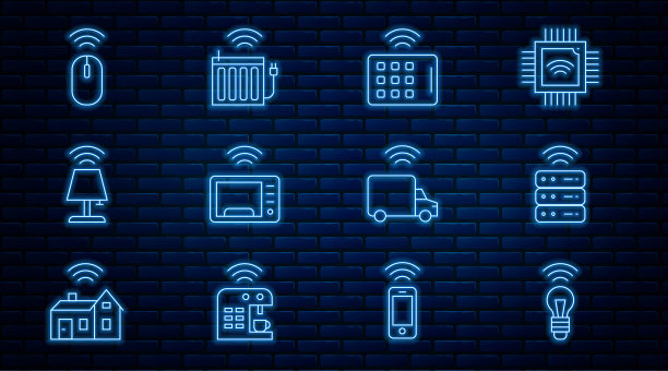 智能灯泡，服务器，无线平板电脑，微波炉，灯，鼠标，卡车和暖气片图标。向量图片下载