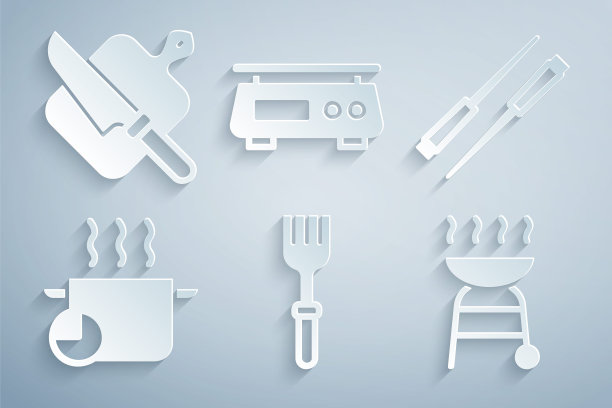 集叉子，食物筷子，烹饪锅，烧烤架，电子秤和砧板和刀的图标。向量图片下载