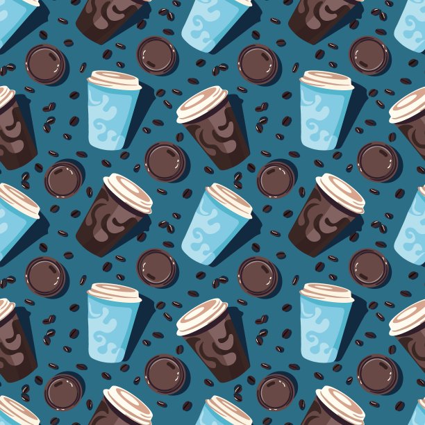 无缝图案与咖啡杯在蓝色和棕色的颜色和小黑咖啡在深蓝色的背景纺织品或对象印刷品图片下载
