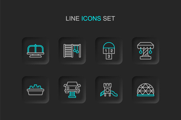 设有游乐场攀爬设备，滑梯，秋千车，沙盒，旋转木马，跳房子，瑞典墙和图标。向量图片下载