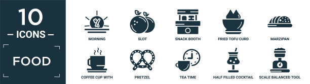 填充食物图标集。内含平晨、槽、小吃摊、炸豆腐丸子、杏仁糖、带蒸汽咖啡杯、椒盐卷饼、茶时、半满鸡尾酒杯、天平天平等工具图标。图片下载