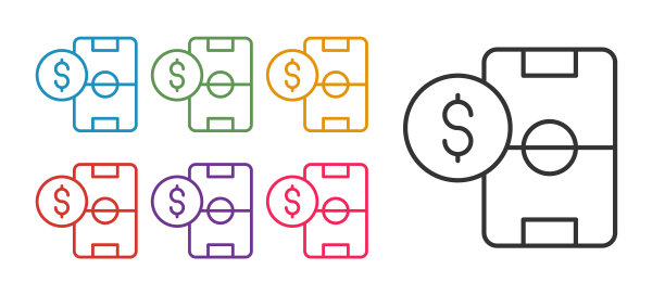 设置线足球足球投注的钱图标孤立的白色背景。足球博彩公司。在线足球博彩赚钱。设置图标彩色。向量图片下载