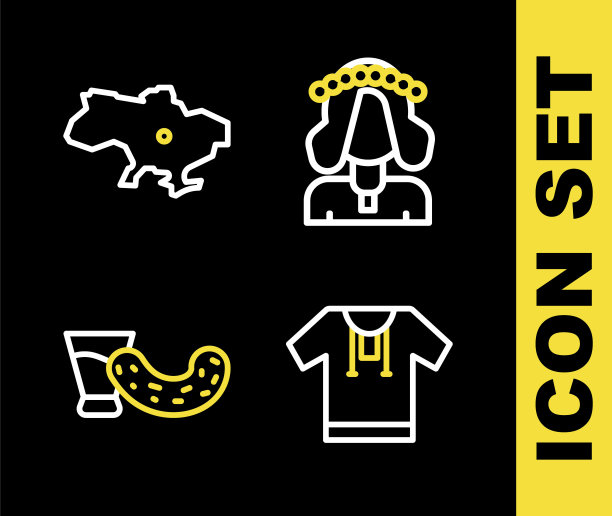 设定线乌克兰妇女，刺绣衬衫，玻璃杯与伏特加和乌克兰地图图标。向量图片下载