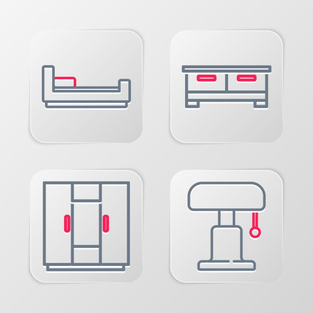 集线台灯，衣柜，抽屉柜和床的图标。向量图片下载