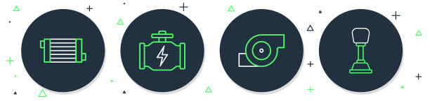 检查发动机，汽车涡轮增压器，汽车散热器冷却系统和变速杆图标。向量图片下载