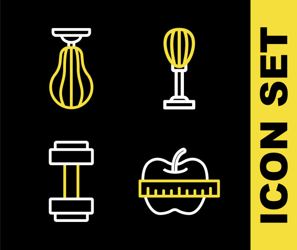 设置线沙袋，苹果和卷尺，哑铃和图标。向量图片下载