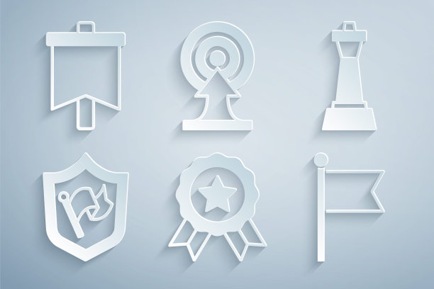 设置奖章，国际象棋，盾牌与旗帜，旗帜，目标箭头和图标。向量图片下载