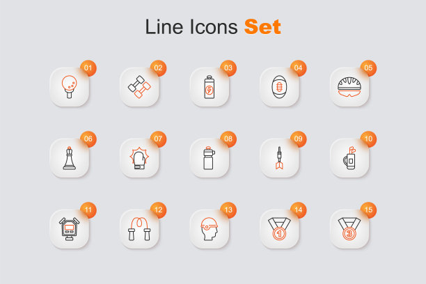 设置线奖章，棒球头盔，跳绳，秒表，高尔夫球袋与俱乐部，飞镖箭头和健身震动图标。向量图片下载