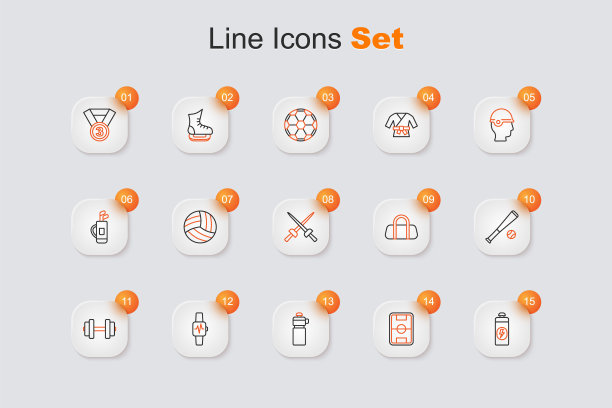 设置线健身震动器，足球场，智能手表与心脏，哑铃，棒球棒，运动包和击剑图标。向量图片下载