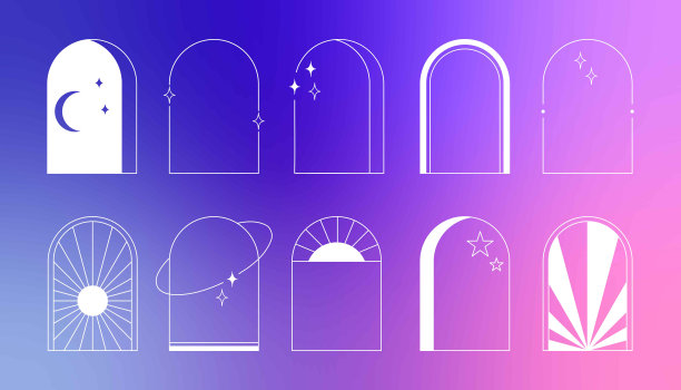 线拱框架设置。带有空间和天空元素的波西米亚线性形状。星星和太阳在徽章或标签，金色标志模板。波西米亚风格的建筑对象用于婚礼卡片和海报设计。向量图片下载