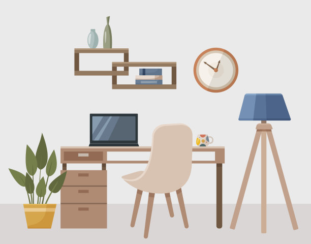 在家工作。工作场所，现代室内，办公室。办公室用电脑，家里用花，钟，灯。插图在平面卡通风格。图片下载