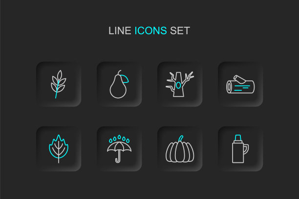 集线保温瓶容器，南瓜，伞和雨滴，树叶，原木，裸树，梨和图标。向量图片下载