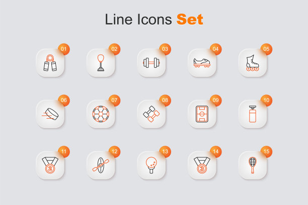 设置线网球拍，奖牌，高尔夫球上的tee，皮艇和桨，沙袋，足球场和哑铃图标。向量图片下载