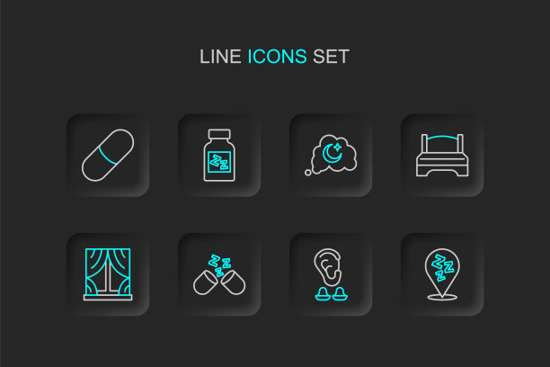 设置线困倦，耳塞和耳朵，安眠药，窗户与窗帘，大床，梦想，和图标。向量图片下载