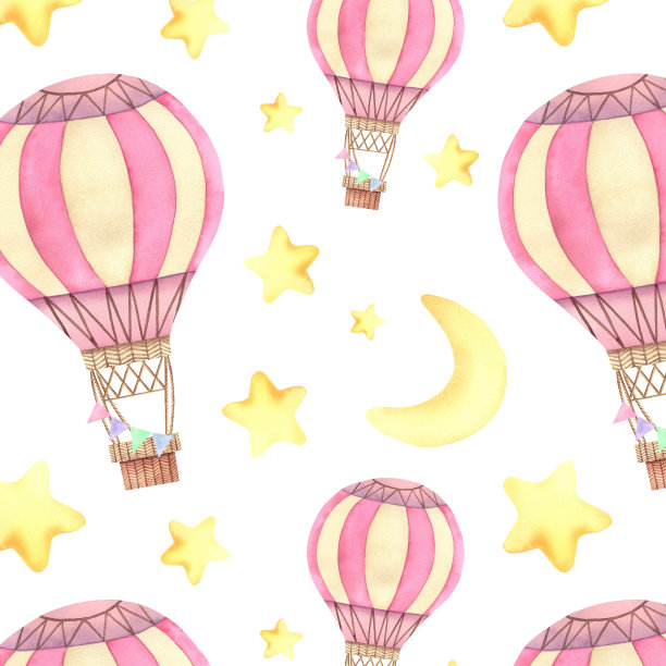 这个无缝图案由气球、月亮和星星组成。水彩插图在一个孤立的背景。的生日。童年的梦想。图片下载