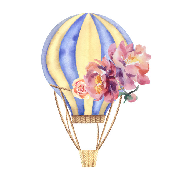 有花的气球。白色背景水彩插图。一次穿越天空的旅行。孩子的房间。图片下载