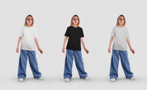 一件白色、黑色、石楠色的t恤的模型，前面是一件穿牛仔裤、戴眼镜的孩子的t恤。图片下载