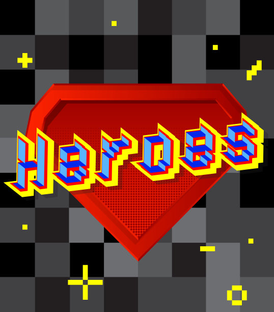 英雄像素字与几何图形背景。图片下载