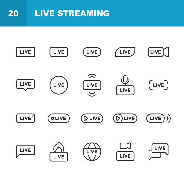 直播线图标。可编辑的中风。包含这样的图标，直播，网络流媒体，视频流媒体，广播，播客，电视，体育，设备屏幕，电影和电影，社交媒体，影响者，设备屏幕。图片下载