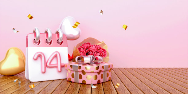 情人节快乐的背景与日历日期14，礼盒，心形气球，复制空间文字，3D渲染插图图片下载