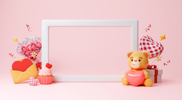 情人节，儿童房，用礼盒和粉红色的心装饰儿童房的海报框。空白板作为拷贝空间。3D渲染图图片下载
