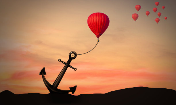 沉重的锚限制了气球的飞行。超现实概念、隐喻与修辞。商业斗争和挑战。压制和压迫。图片下载