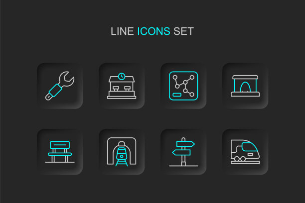 集线路高铁、道路交通标志、列车隧道、候车厅、铁路、地图、车站、扳手图标。向量图片下载