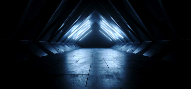 三角形科幻未来外星飞船水泥蓝色黑暗发光走廊隧道展厅机库地下室3D渲染图片下载