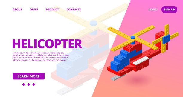 模板的网页与直升机组装从塑料块等距风格印刷和设计。矢量插图。图片下载