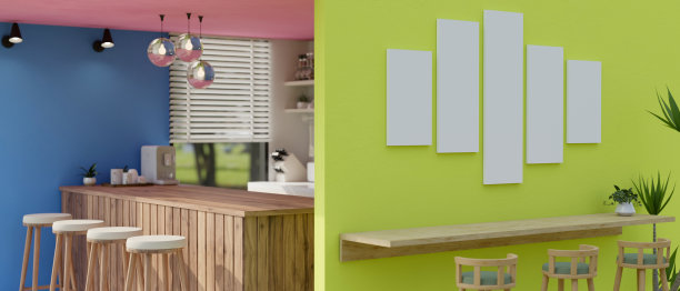 室内设计一个现代的彩色办公室休息室，在木柜台吧台上有一个咖啡机图片下载