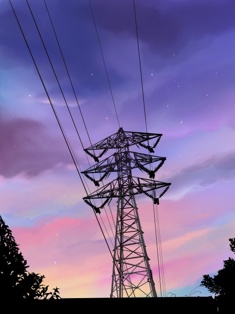 背景插图:输电塔从下面向上看，夏天黄昏时乌云密布。图片下载