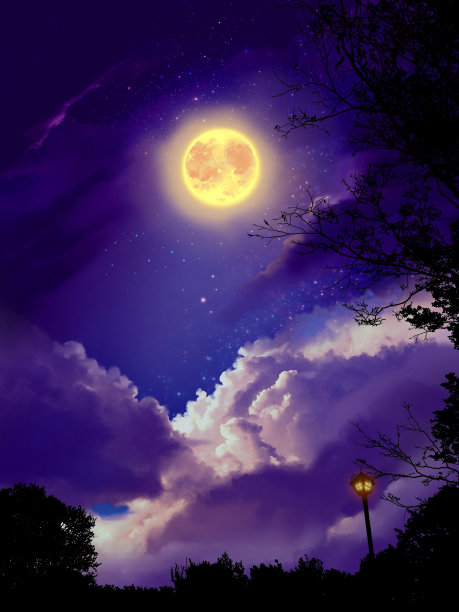景观背景插图，美丽的满月和繁星点点的紫色夜空，公园里的路灯可疑地闪烁着。图片下载