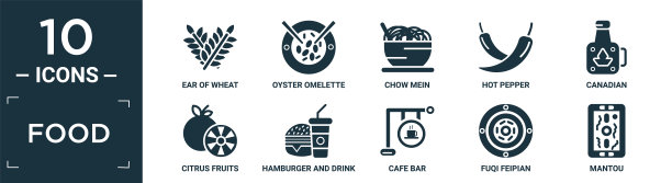 填充食物图标集。包含平穗小麦，蚵仔煎，炒面，辣椒，加拿大，柑橘类水果，汉堡和饮料，咖啡吧，福气飞片，馒头图标可编辑格式。图片下载