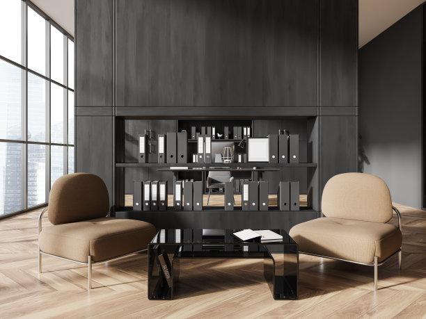 灰色和木制的办公室候诊室，有扶手椅图片下载