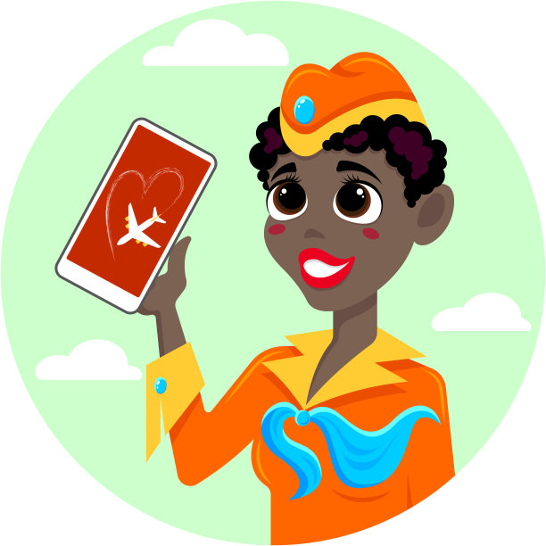 微笑的深色皮肤的空姐手里拿着智能手机图片下载