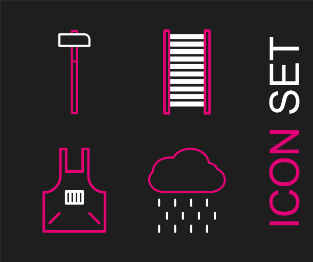 集线云与雨，厨房围裙，木楼梯和锤子图标。向量图片下载