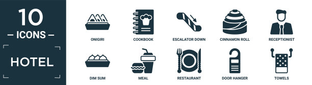 填充酒店图标集。包含扁平饭团，食谱，扶梯，肉桂卷，接待员，点心，餐点，餐厅，门挂，毛巾图标在可编辑的格式。图片下载